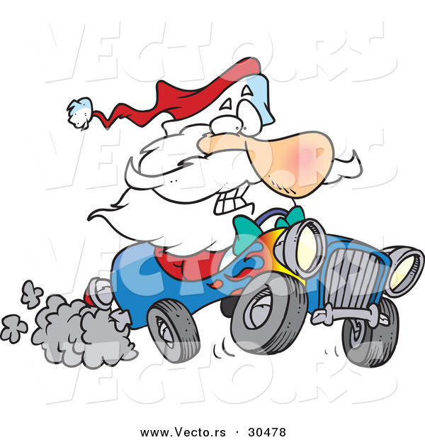 Cartoon Vector of a Scared Santa Driving Super Fast Hot Rod Car