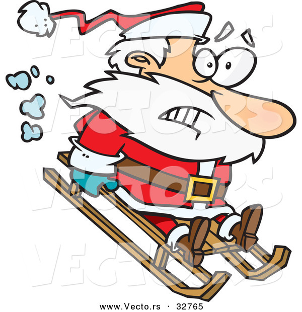 Cartoon Vector of a Scared Santa Sledding Downhill