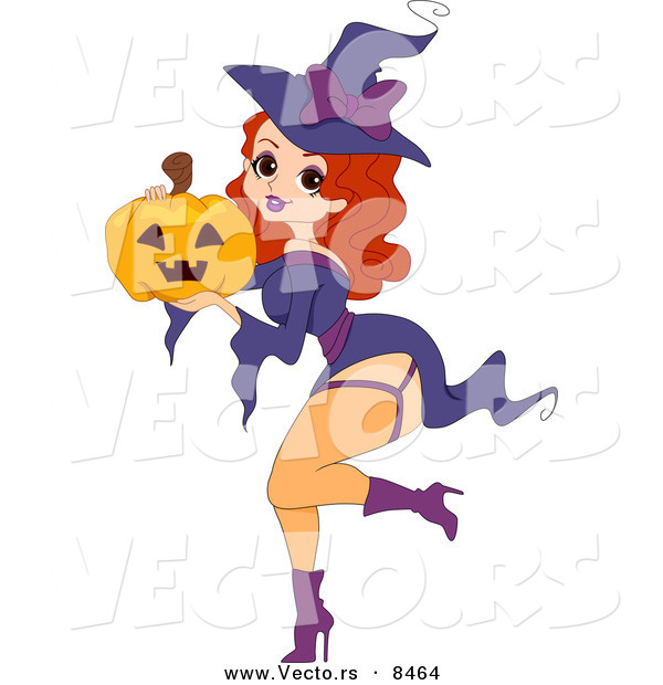 Cartoon Vector of a Sexy Halloween Witch Pinup Girl Holding a Jack O'Lantern