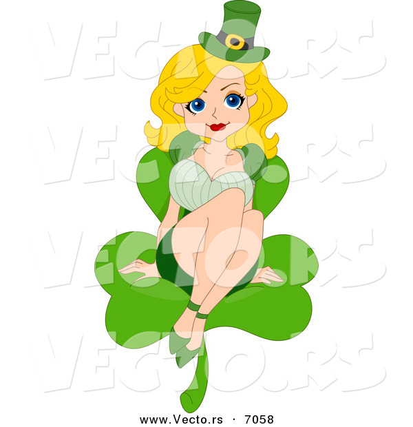 Cartoon Vector of a Sexy St. Patrick's Day Pin-up Girl Sitting on a Large Clover