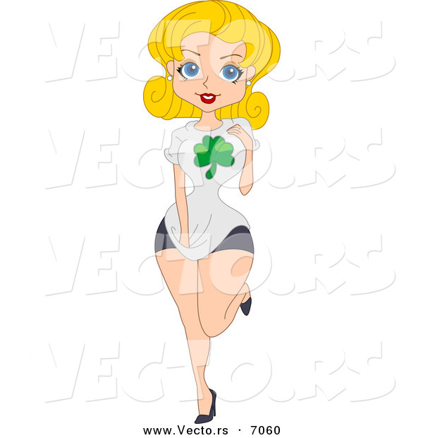 Cartoon Vector of a Sexy St. Patrick's Day Pin-up Girl Wearing a Clover T Shirt