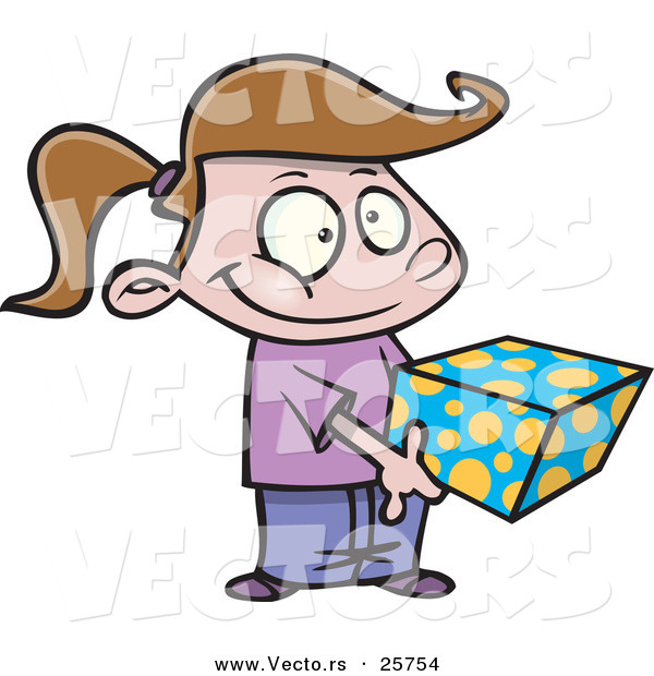 Cartoon Vector of a Shy Girl Holding a Present