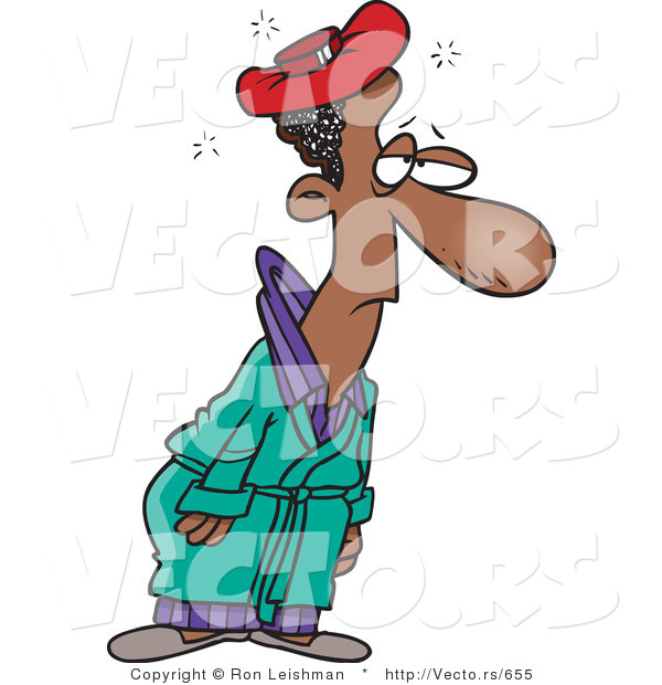 Cartoon Vector of a Sick Black Man Standing with Ice Pack on His Feverish Head