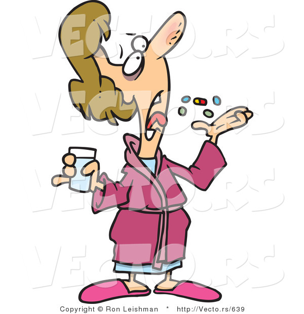 Cartoon Vector of a Sick Woman Taking 5 Pills and Vitamins