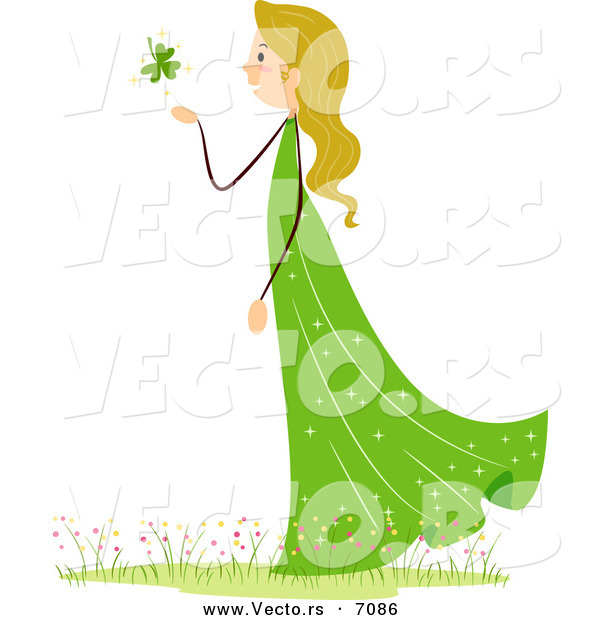 Cartoon Vector of a St. Patrick's Day Girl Blowing a Clover