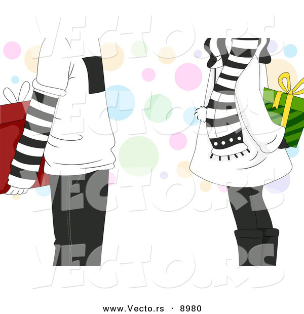 Cartoon Vector of a Teenage Boy and Girl Exchanging Presents on Christmas