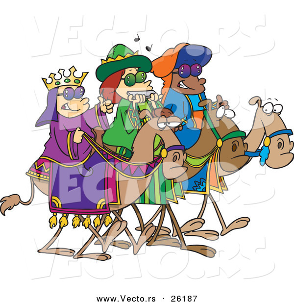 Cartoon Vector of a Three Wise Children Wearing Shades and Riding Camels