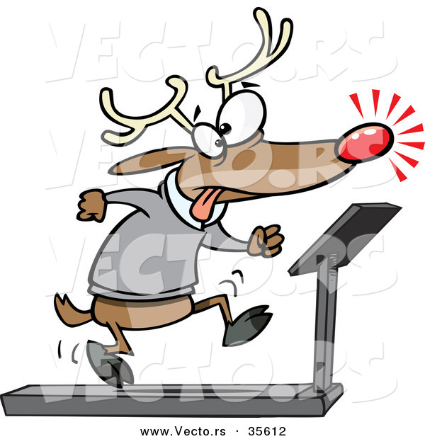Cartoon Vector of a Tired Christmas Reindeer Running on Treadmill