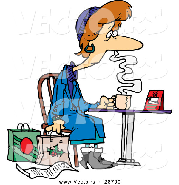 Cartoon Vector of a Tired Female Christmas Shopper Drinking Coffee at a Table Beside Her Shopping Bags and List