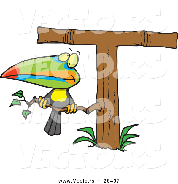 Cartoon Vector of a Toucan on an Alphabet Letter 'T' Shaped Tree