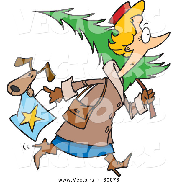 Cartoon Vector of a Woman Carrying a Dog in a Shopping Bag and a Christmas Tree over Her Shoulder