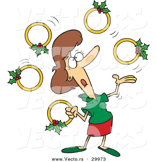 Cartoon Vector of a Woman Juggling Five Gold Christmas Rings