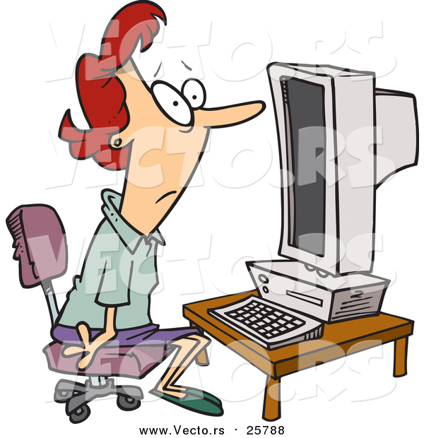 Cartoon Vector of a Woman Staring Blankly at a Computer