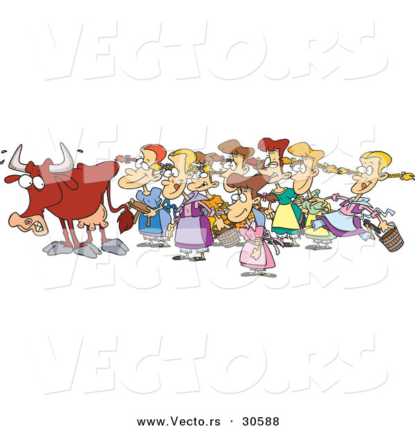 Cartoon Vector of a Worried Cow Standing in Front of Eight Milking Maids