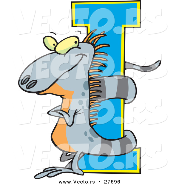 Cartoon Vector of an Iguana Wrapped Around Alphabet Letter 'I'