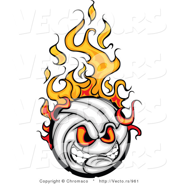 Cartoon Vector of an Intimidating Volleyball Ball Mascot on Fire with Evil Eyes and Gritting Teeth