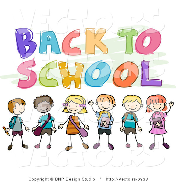 Cartoon Vector of Back to School Text Above Happy Children Smiling and Waving