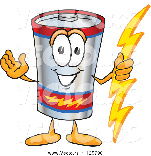 Cartoon Vector of Battery Mascot Character Holding a Bolt of Energy and Welcoming