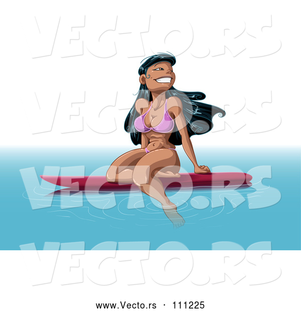 Cartoon Vector of Beautiful Happy Hawaiian Woman Floating on a Surf Board