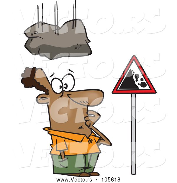 Cartoon Vector of Boulder Falling on a Black Man Staring at a Sign