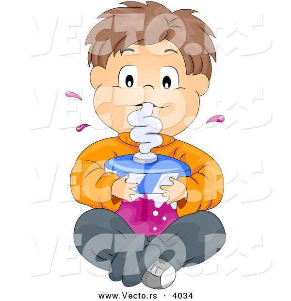 Cartoon Vector of Boy Drinking Large Cup of Grape Juice While Seated on Floor with Legs Crossed