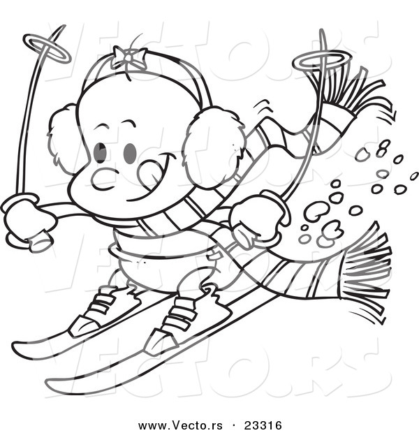 Cartoon Vector of Cartoon Baby Girl Skiing - Coloring Page Outline