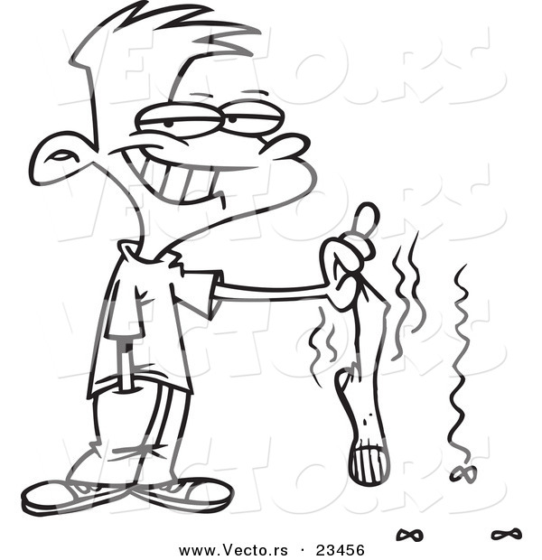 Cartoon Vector of Cartoon Boy Holding a Smelly Sock - Coloring Page Outline