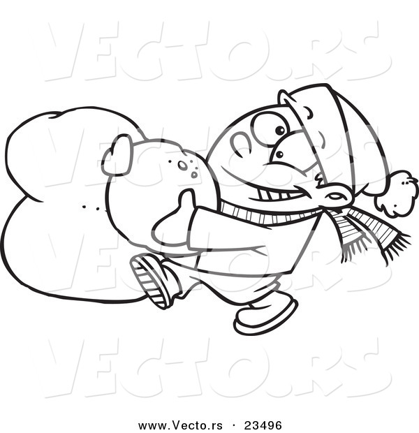Cartoon Vector of Cartoon Boy Making a Snowball for a Snowman Head - Coloring Page Outline