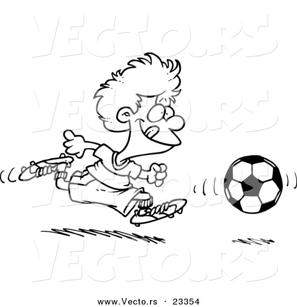 Cartoon Vector of Cartoon Boy Running After a Soccer Ball - Coloring Page Outline