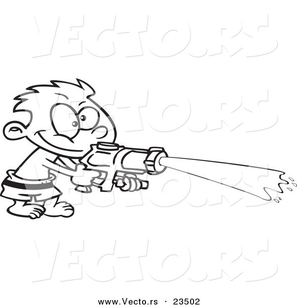 Cartoon Vector of Cartoon Boy Spraying a Soaker Gun - Coloring Page Outline