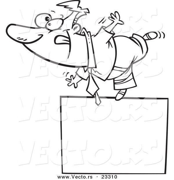 Cartoon Vector of Cartoon Businessman Balanced on a Blank Sign - Coloring Page Outline