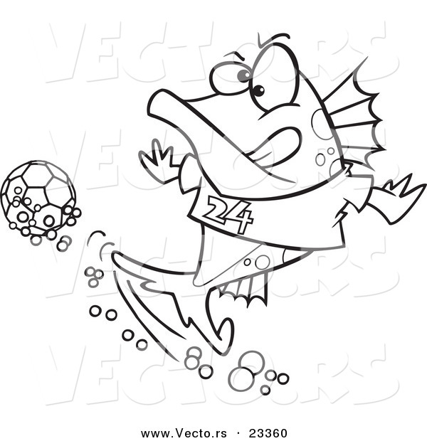 Cartoon Vector of Cartoon Fish Playing Soccer - Coloring Page Outline