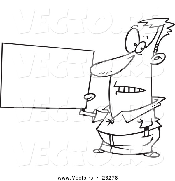 Cartoon Vector of Cartoon Guy Holding a Blank Sign - Coloring Page Outline