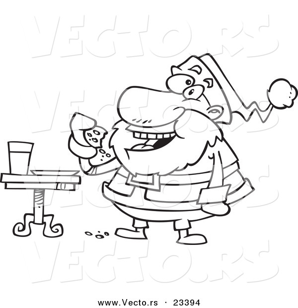Cartoon Vector of Cartoon Santa Eating Cookies - Coloring Page Outline
