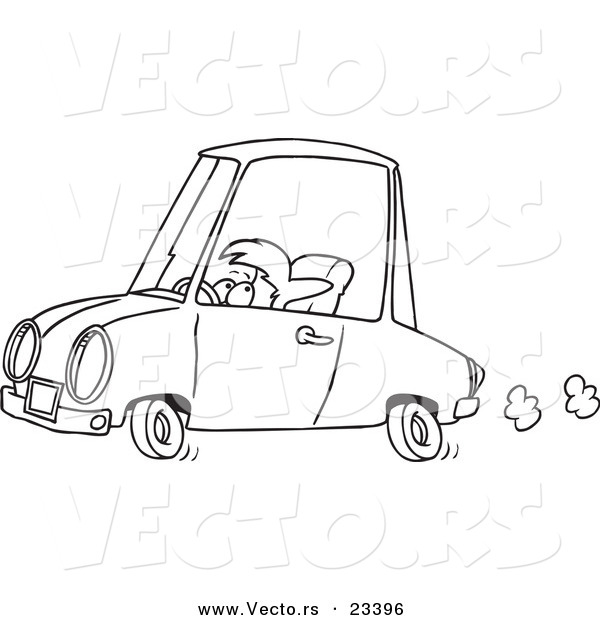 Cartoon Vector of Cartoon Short Woman Driving - Coloring Page Outline