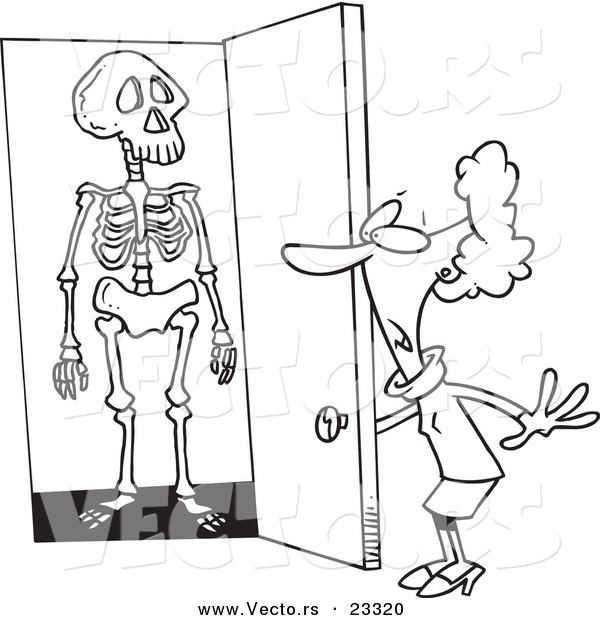 Cartoon Vector of Cartoon Skeleton in a Woman's Closet - Coloring Page Outline