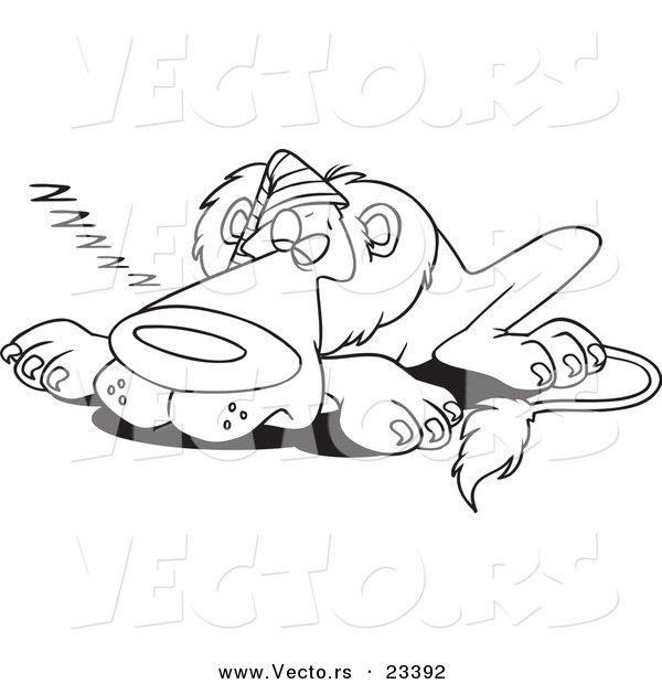 Cartoon Vector of Cartoon Sleeping Lion Wearing a Cap - Coloring Page Outline