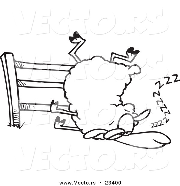 Cartoon Vector of Cartoon Sleepy Sheep by a Fence - Coloring Page Outline