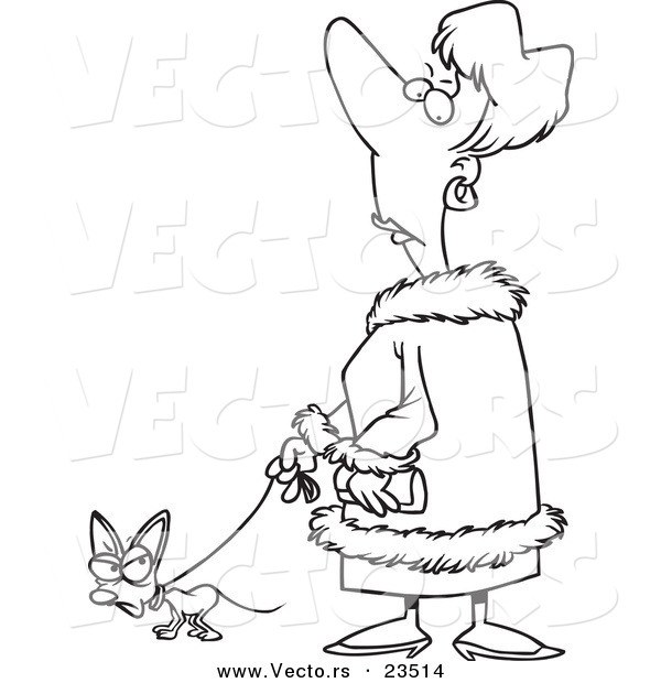 Cartoon Vector of Cartoon Snotty Woman Walking Her Tiny Dog - Coloring Page Outline