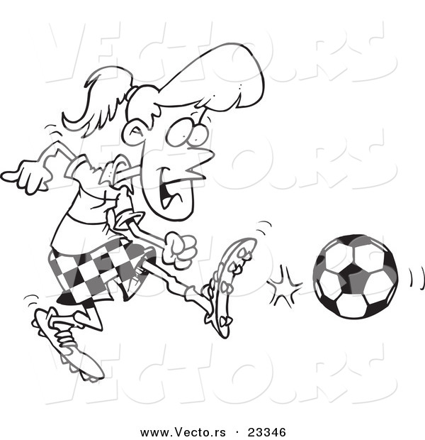 Cartoon Vector of Cartoon Soccer Girl Kicking - Coloring Page Outline