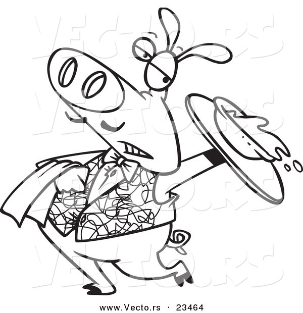 Cartoon Vector of Cartoon Waiter Pig Spilling Slop - Coloring Page Outline