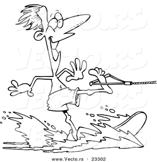 Cartoon Vector of Cartoon Water Skiing Guy - Coloring Page Outline