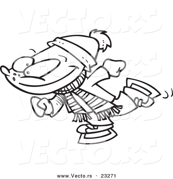 Cartoon Vector of Cartoon Winter Boy Ice Skating - Coloring Page Outline