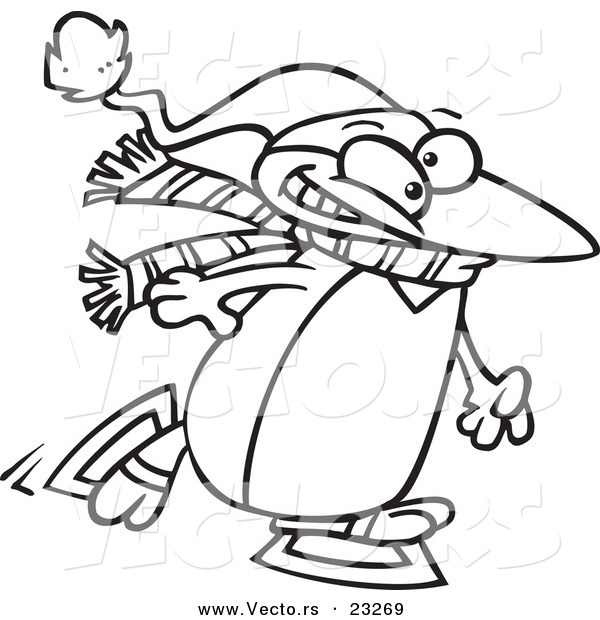 Cartoon Vector of Cartoon Winter Penguin Ice Skating - Coloring Page Outline