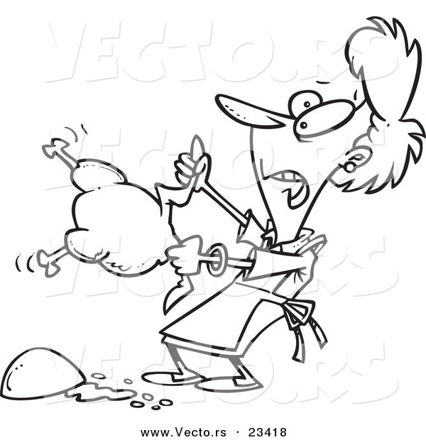 Cartoon Vector of Cartoon Woman Preparing a Slippery Chicken - Coloring Page Outline
