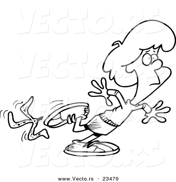 Cartoon Vector of Cartoon Woman Slipping on a Banana Peel - Coloring Page Outline