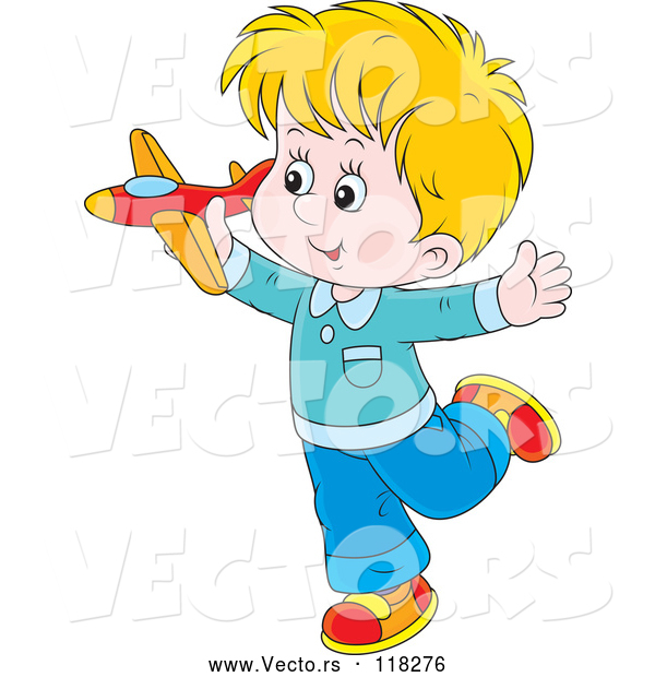 Cartoon Vector of Caucasian Boy Playing with a Toy Plane