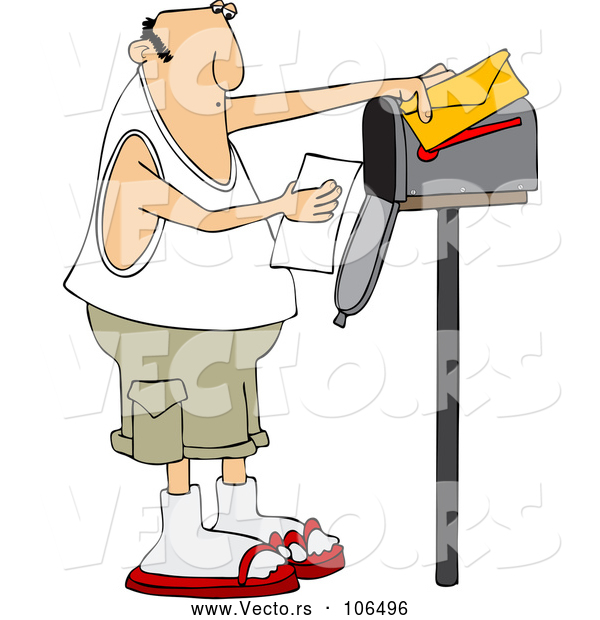 Cartoon Vector of Chubby Caucasian Man Reading a Letter at His Mailbox