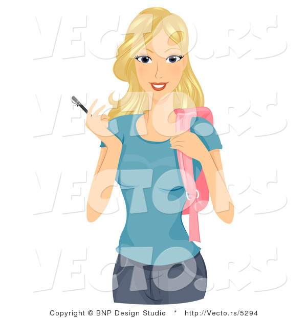 Cartoon Vector of College Girl Holding Pen While Carrying Backpack