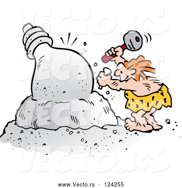 Cartoon Vector of Creative Caveman Chiseling a Light Bulb